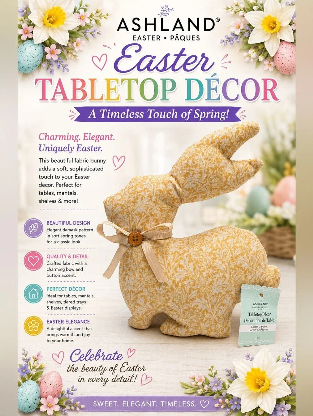🌞Ashland Easter Tabletop Décor Fabric Bunny - Yellow Damask